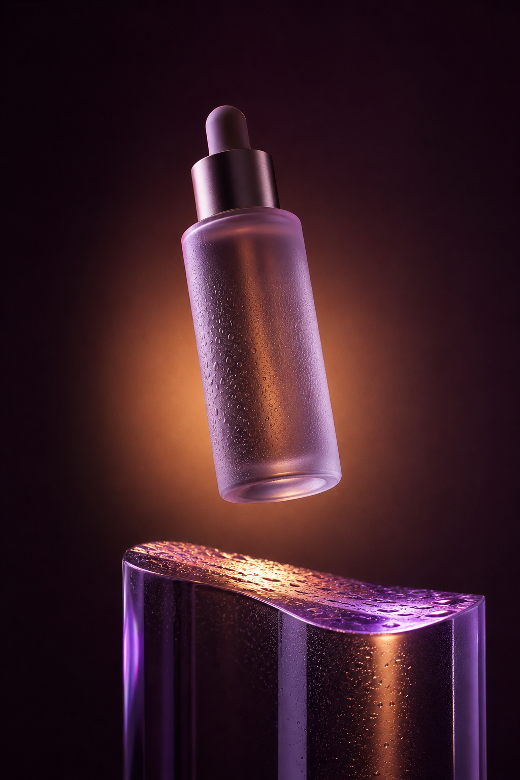 Fictional skincare serum suspended above a reflective pedestal