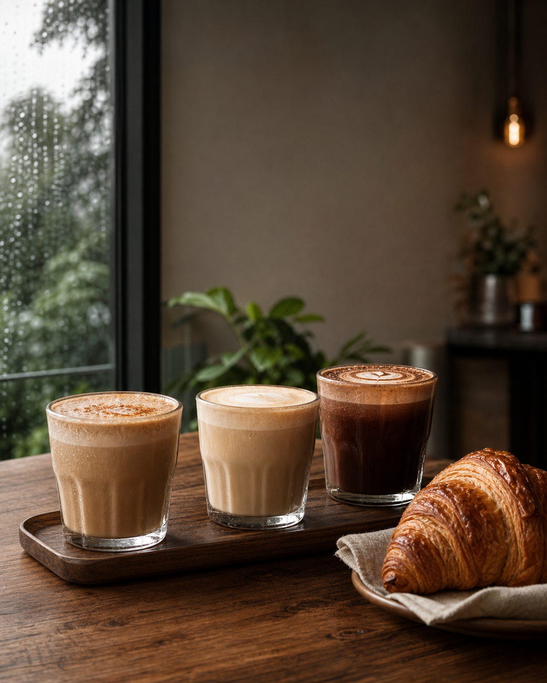 Three seasonal lattes and a croissant in a warm cafe