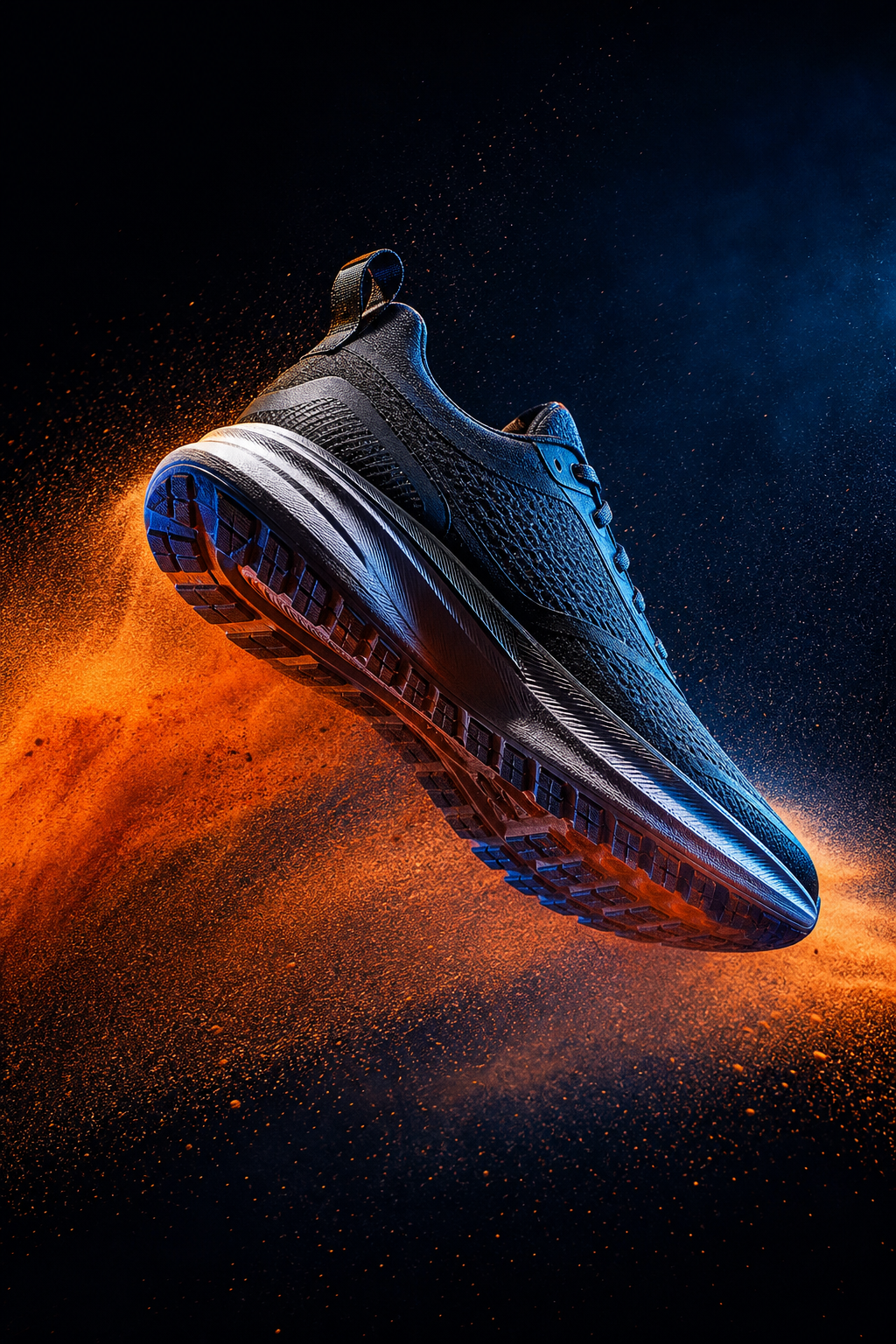 Fictional technical running shoe moving through orange dust