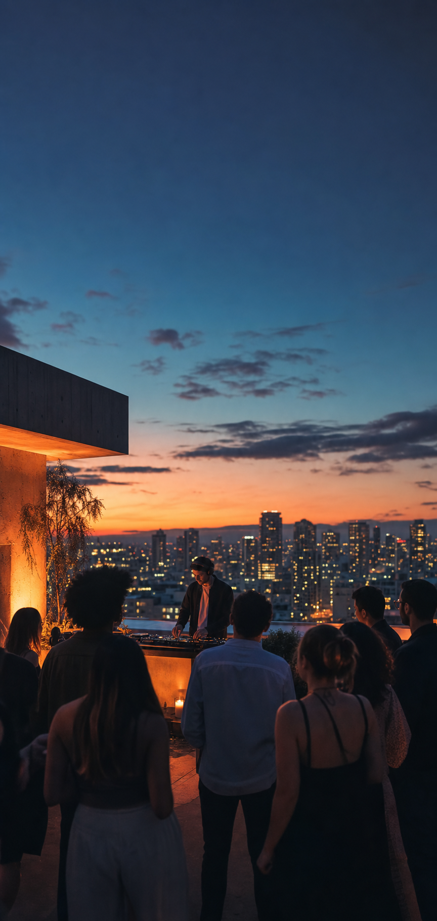 Fictional rooftop music event at sunset